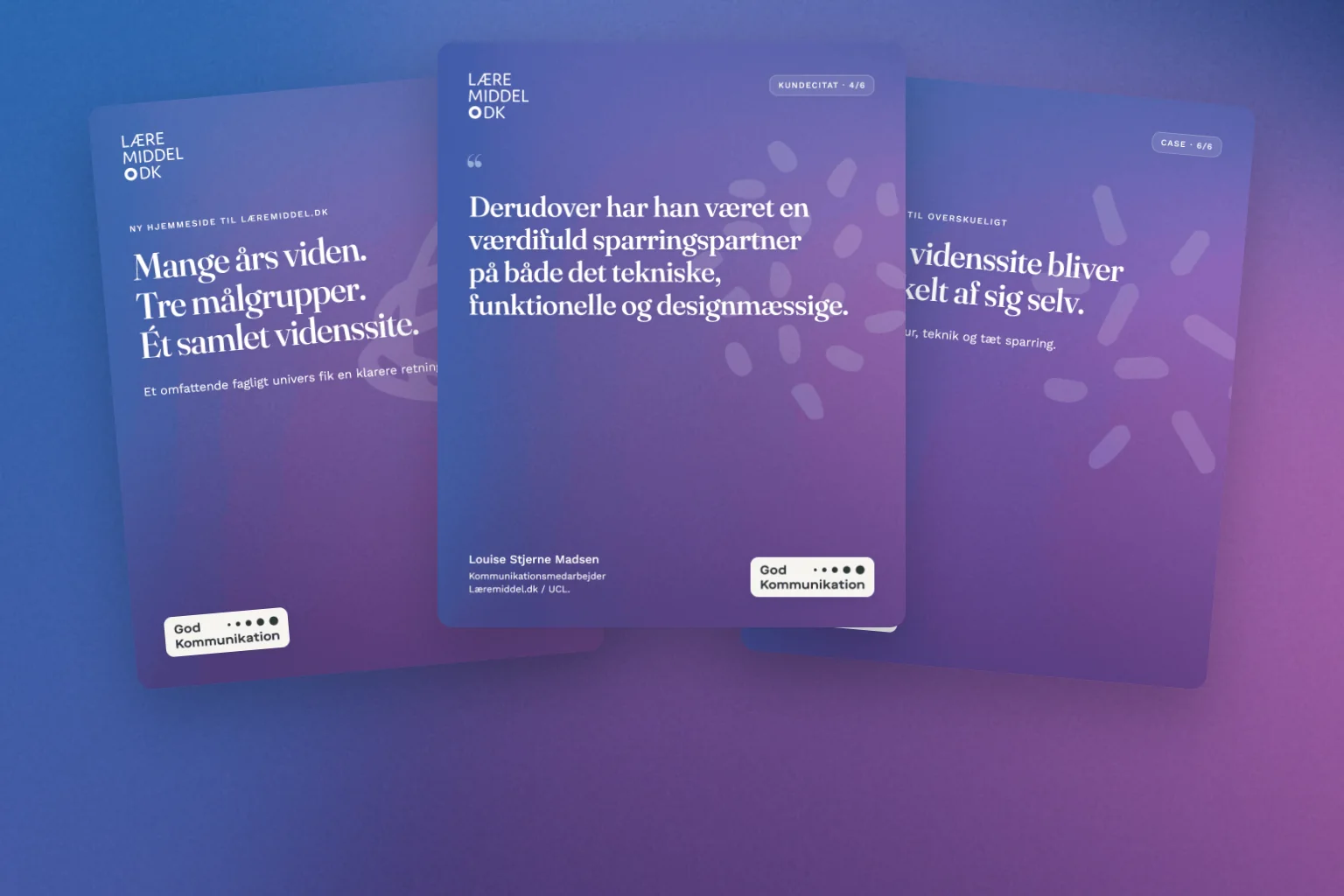 Tre LinkedIn-cards for Læremiddel.dk samlet på den blå-lilla gradient fra hjemmesidens visuelle univers.